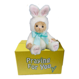 Babee Bunny Bear stuffed animal in a furry white costume sitting on a yellow box ready to be sent as a care package.  send a PRAYER : sendaprayernow.com