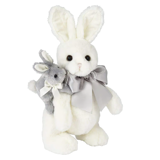 White and gray bunny rabbit stuffed animal ready to be sent as a care package. send a PRAYER : sendaprayernow.com