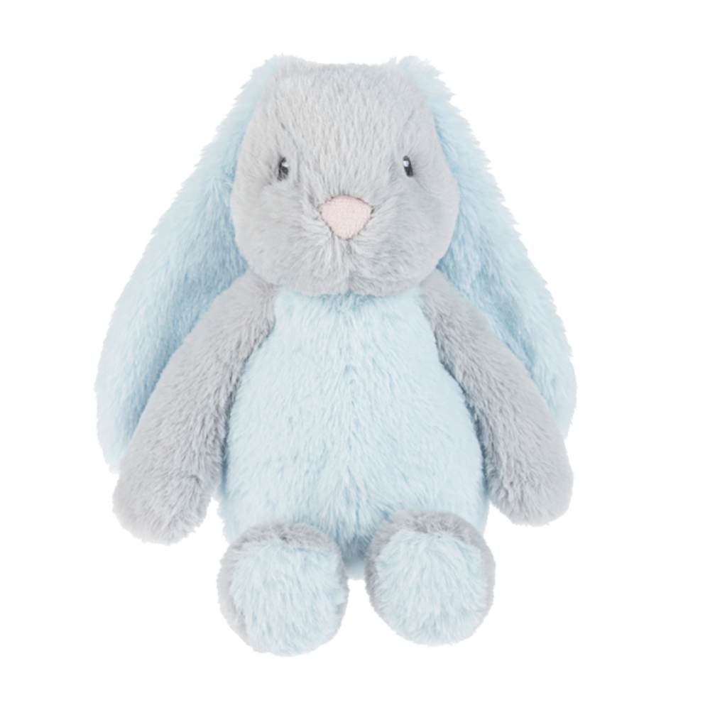 Blue and gray bunny rabbit stuffed animal with floppy ears ready to be sent as a care package. send a PRAYER : sendaprayernow.com