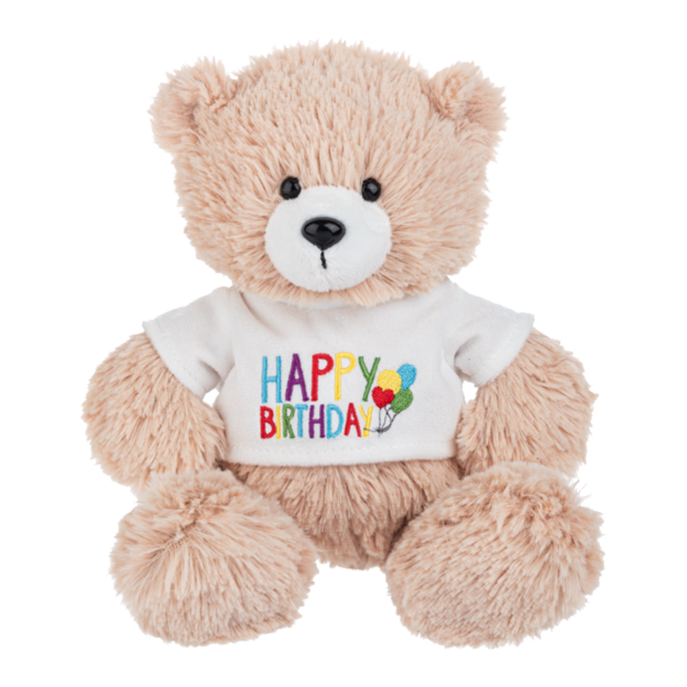 tan bear wearing happy birthday t-shirt: send a PRAYER