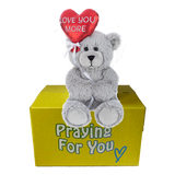 Luvie Bear on bright yellow box. send a prayer send a plushie care package