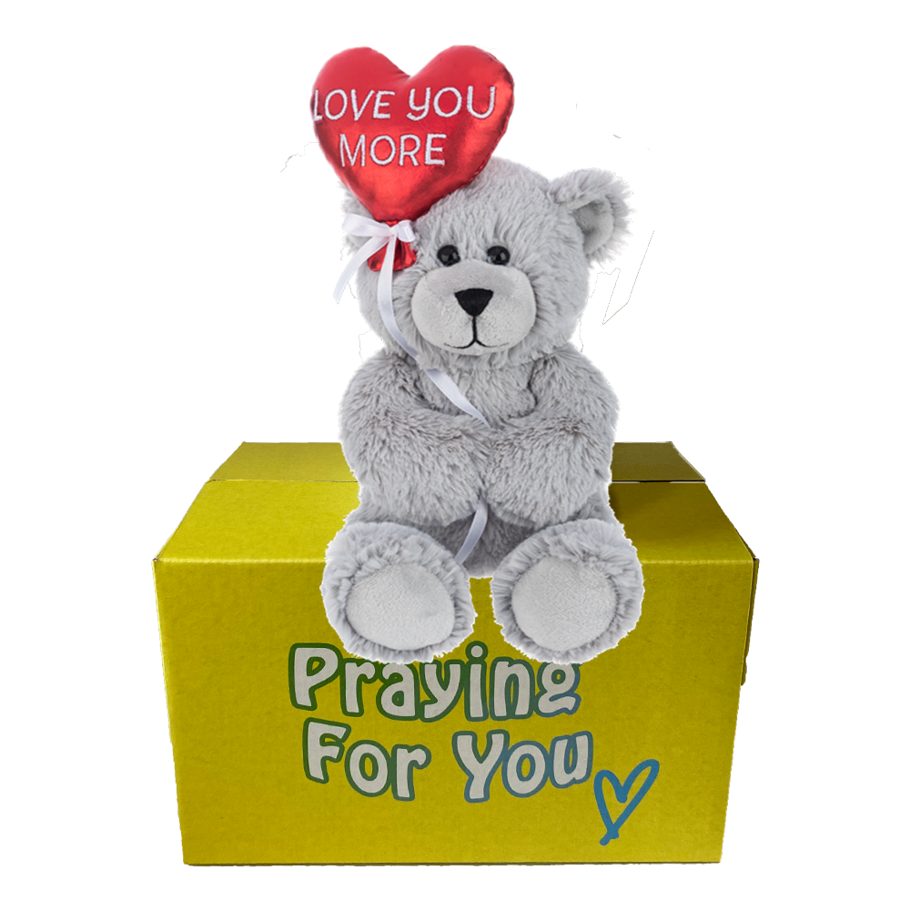 Luvie Bear on bright yellow box. send a prayer send a plushie care package