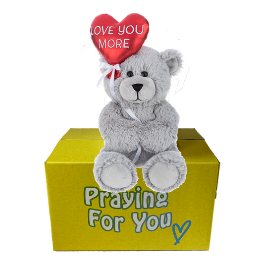 Luvie Bear on bright yellow box. send a prayer send a plushie care package