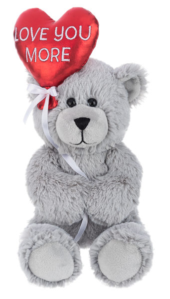 Luvie gray bear with red heart balloon. send a prayer send a plushie care package