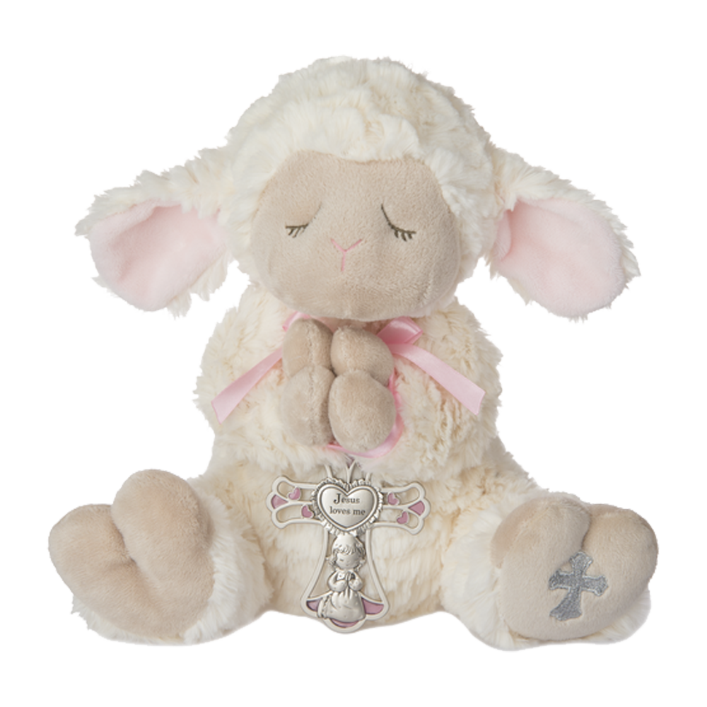 Novi serenity lamb stuffed animal with a pink ribbon and cross wrapped around her praying hands  ready to be sent as a care package. send a PRAYER : sendaprayernow.com