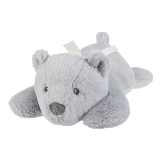 grey lazy bear with white ribbon laying down: send a PRAYER