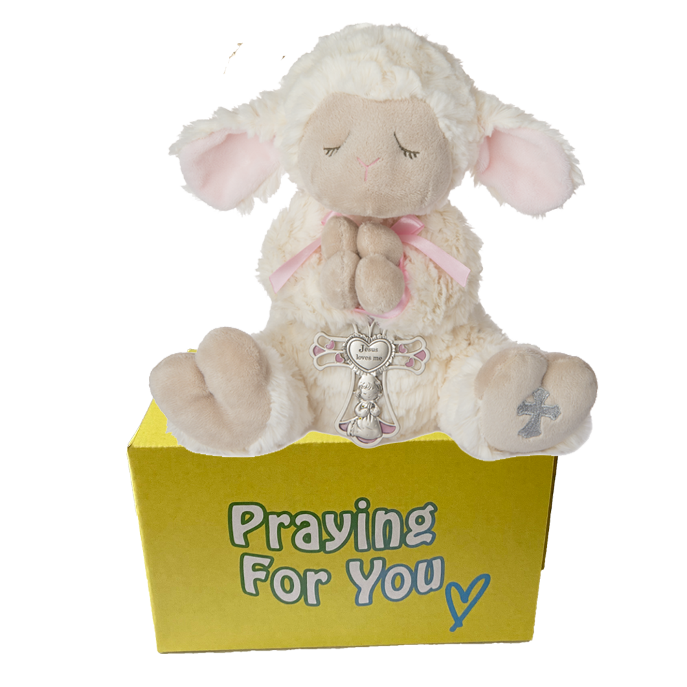 Novi serenity lamb stuffed animal with a pink ribbon and cross wrapped around her praying hands sitting on a yellow box ready to be sent as a care package. send a PRAYER : sendaprayernow.com