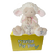 Novi serenity lamb stuffed animal with a pink ribbon and cross wrapped around her praying hands sitting on a yellow box ready to be sent as a care package. send a PRAYER : sendaprayernow.com