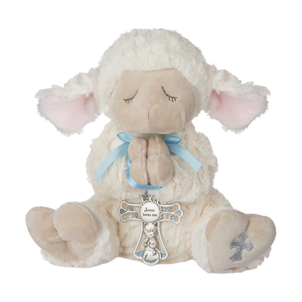 Obi serenity lamb stuffed animal with a blue ribbon and cross wrapped around his praying hands ready to be sent as a care package. send a PRAYER : sendaprayernow.com