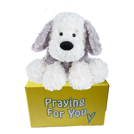 Rumi send a PRAYER stuffed animal sitting on a yellow box
